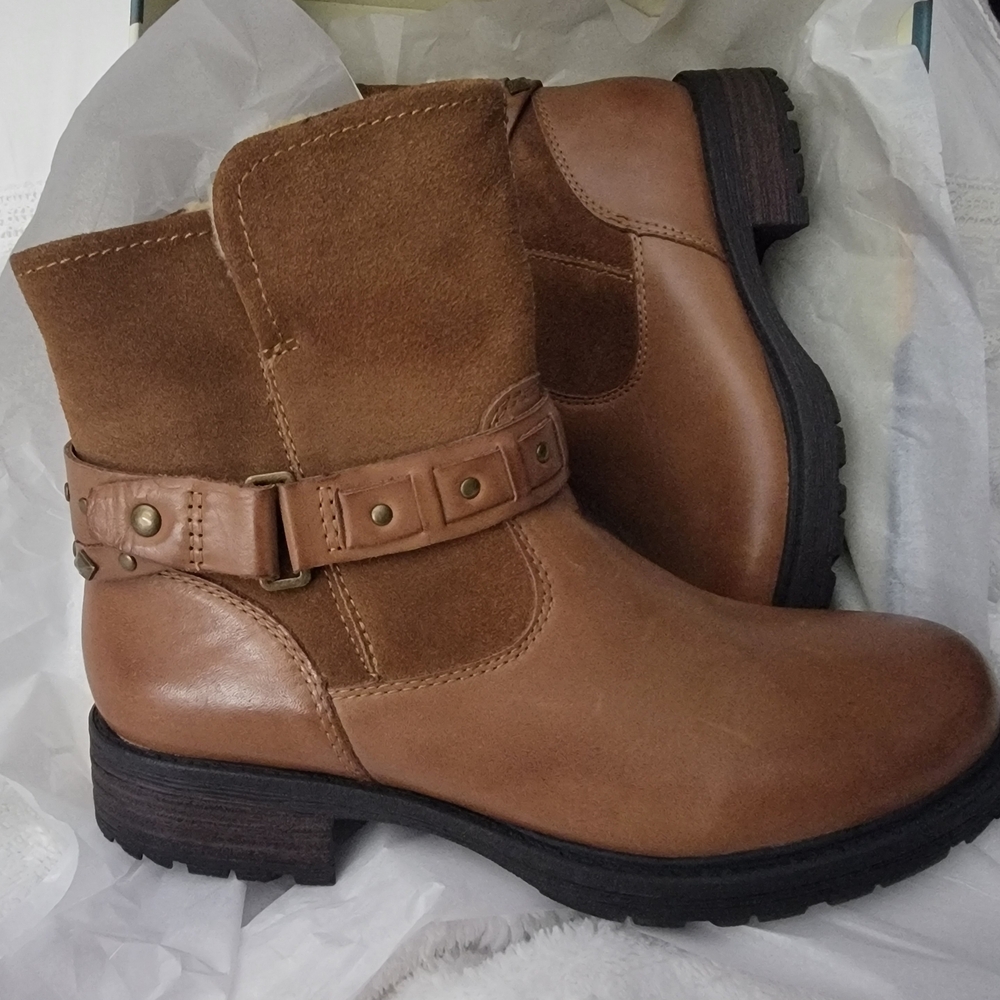 Earth Brown Leather Ankle Boots with Strap Detail. Never Worn.